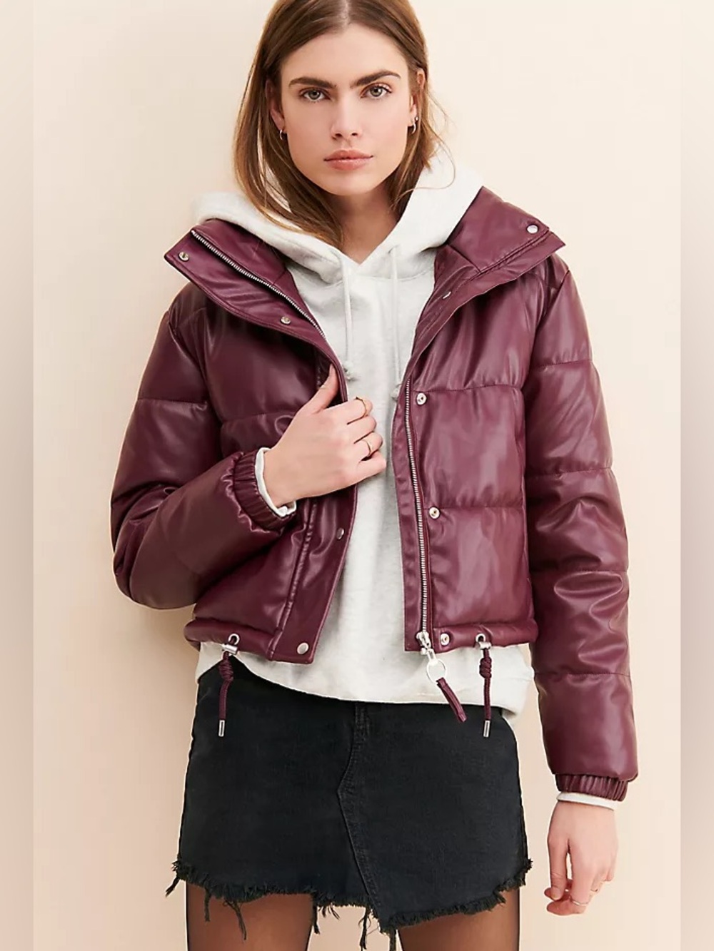 Vigoss Burgundy Cropped Quilted Puffer Jacket